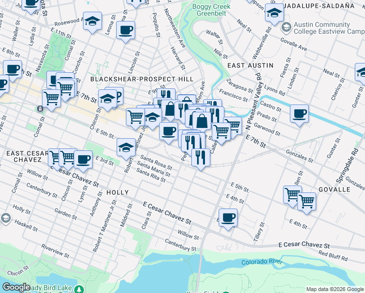 map of restaurants, bars, coffee shops, grocery stores, and more near 607 Pedernales Street in Austin