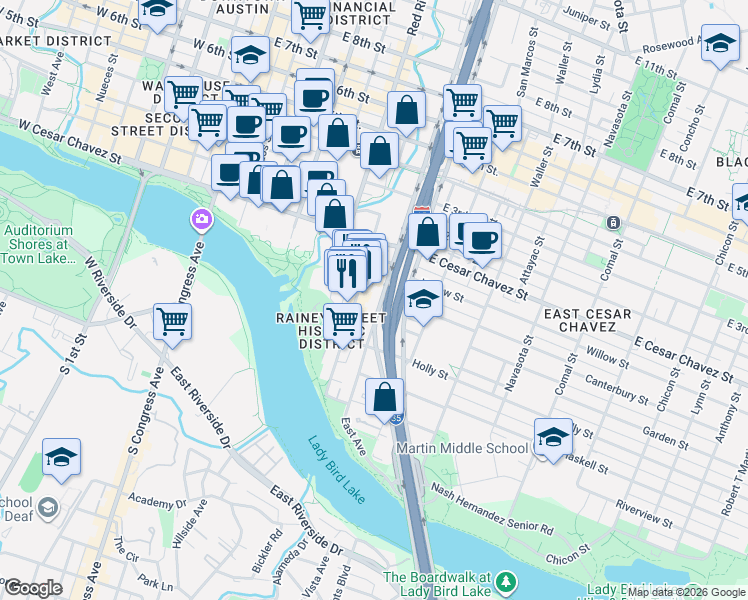 map of restaurants, bars, coffee shops, grocery stores, and more near 85 1/2 Rainey Street in Austin