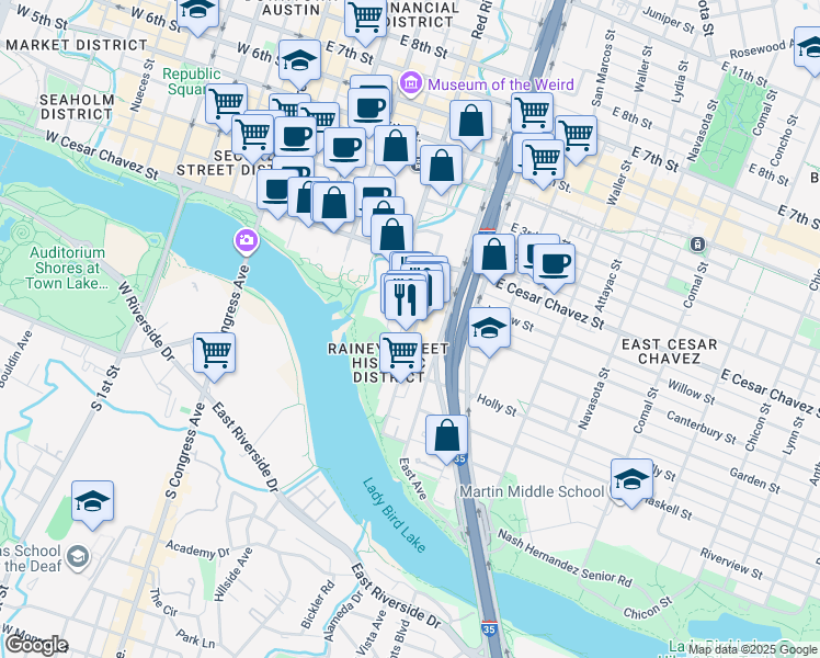 map of restaurants, bars, coffee shops, grocery stores, and more near 85 1/2 Rainey Street in Austin