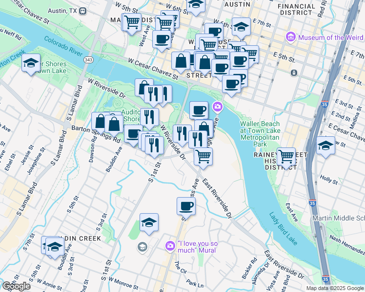 map of restaurants, bars, coffee shops, grocery stores, and more near 401 1/2 West Riverside Drive in Austin