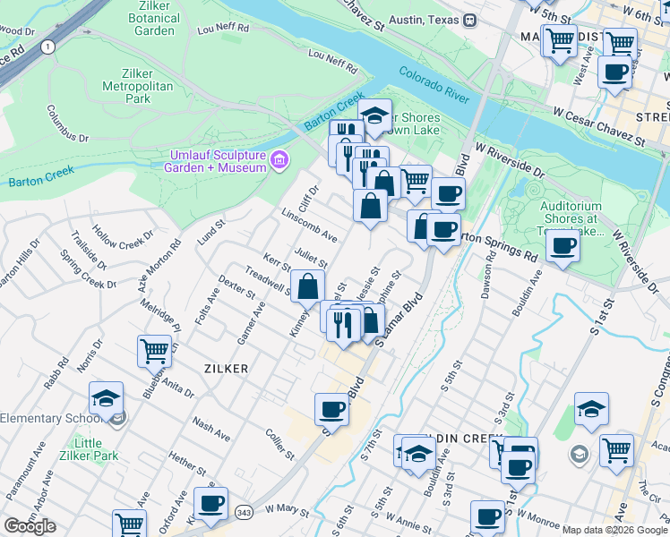 map of restaurants, bars, coffee shops, grocery stores, and more near in Austin