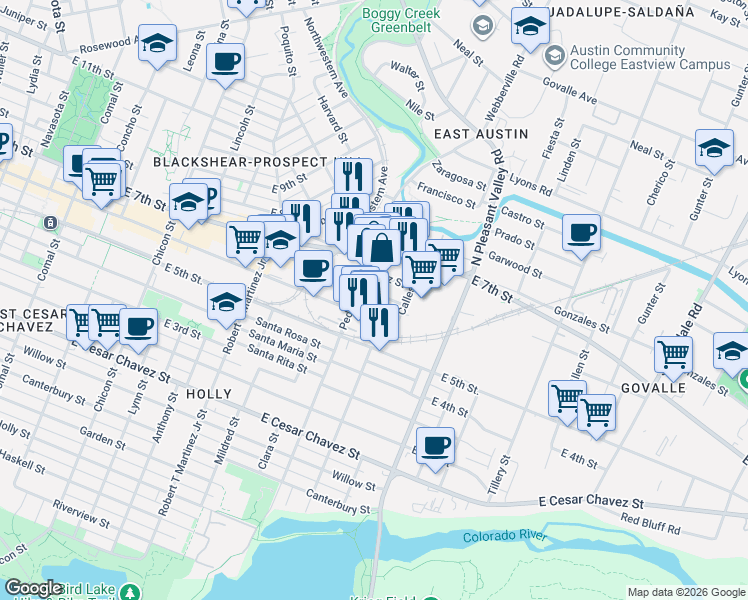 map of restaurants, bars, coffee shops, grocery stores, and more near 2509 Hidalgo Street in Austin
