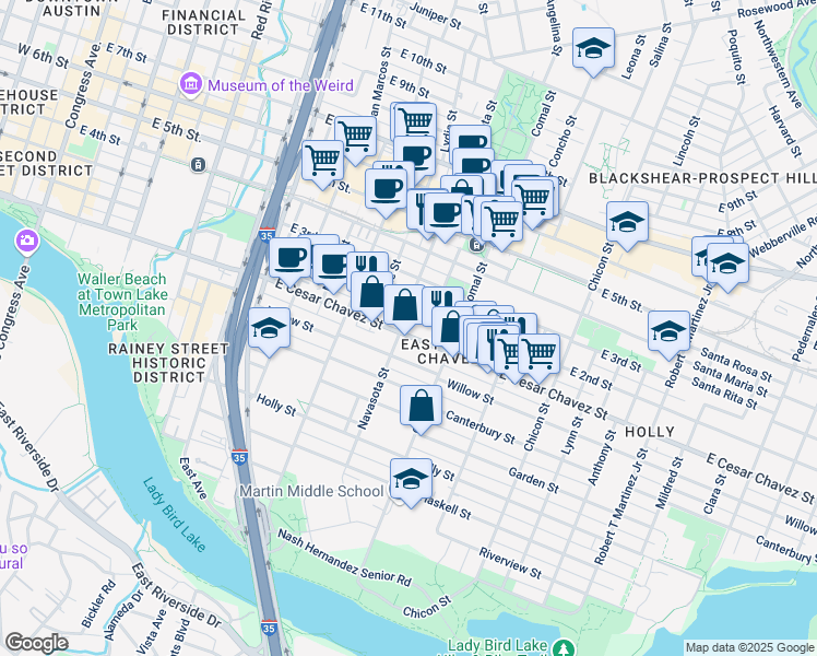 map of restaurants, bars, coffee shops, grocery stores, and more near 1411 East 2nd Street in Austin