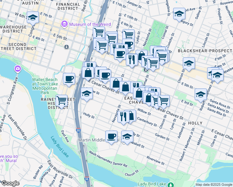 map of restaurants, bars, coffee shops, grocery stores, and more near 1306 East Cesar Chavez Street in Austin