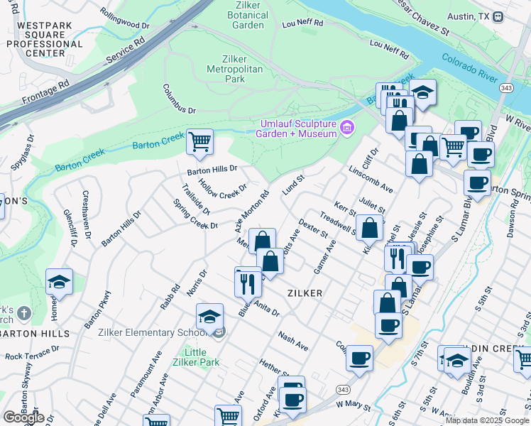 map of restaurants, bars, coffee shops, grocery stores, and more near 1121 Azie Morton Road in Austin
