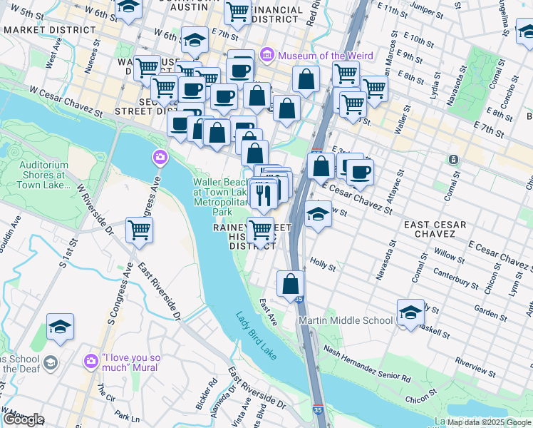 map of restaurants, bars, coffee shops, grocery stores, and more near 85 1/2 Rainey Street in Austin