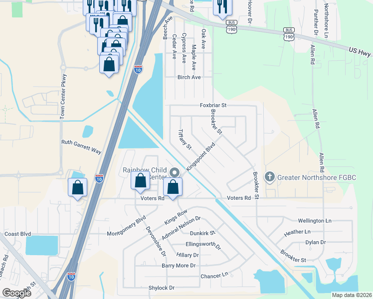 map of restaurants, bars, coffee shops, grocery stores, and more near 313 Tiffany Street in Slidell