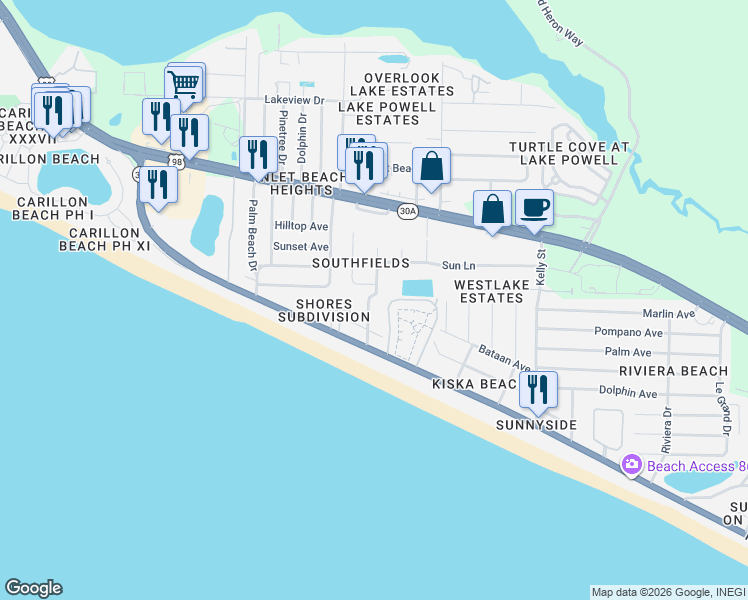 map of restaurants, bars, coffee shops, grocery stores, and more near 158 Southfields Road in Panama City Beach
