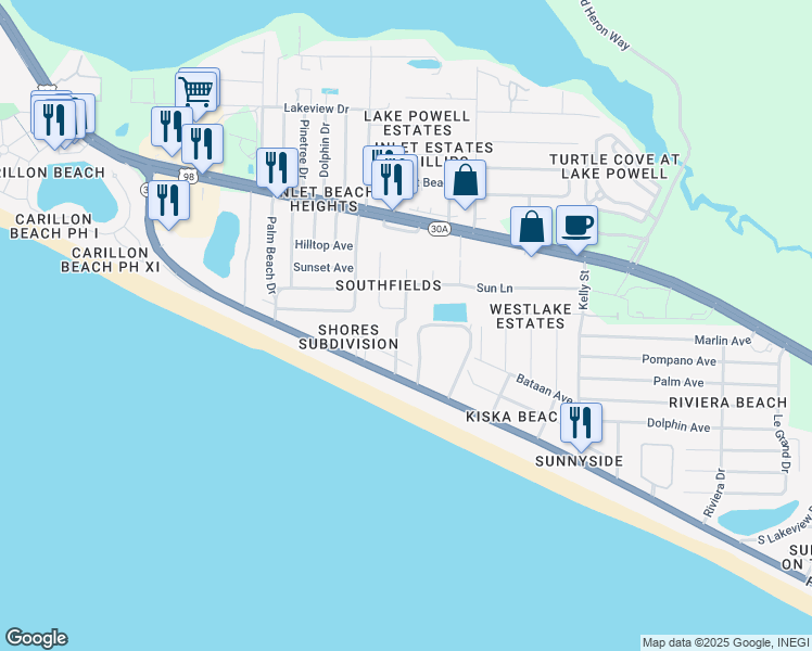 map of restaurants, bars, coffee shops, grocery stores, and more near 158 Southfields Road in Panama City Beach