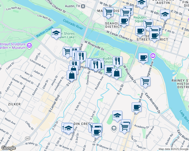 map of restaurants, bars, coffee shops, grocery stores, and more near 1000 Daniel Drive in Austin