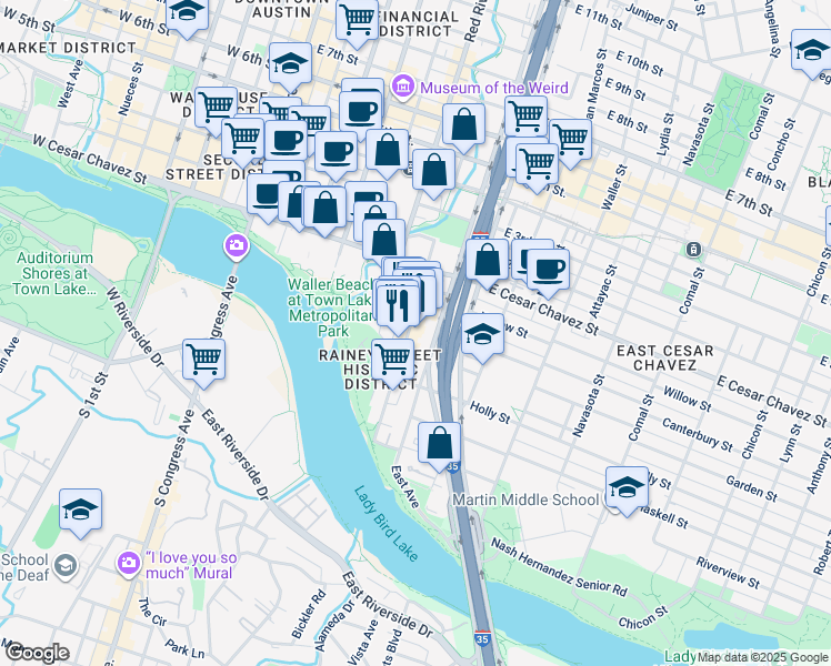 map of restaurants, bars, coffee shops, grocery stores, and more near 85 1/2 Rainey Street in Austin