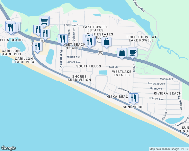 map of restaurants, bars, coffee shops, grocery stores, and more near 150 Southfields Road in Panama City Beach