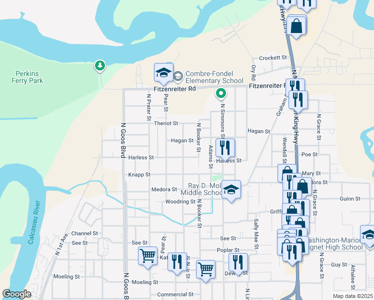 map of restaurants, bars, coffee shops, grocery stores, and more near 1713 Jr St in Lake Charles