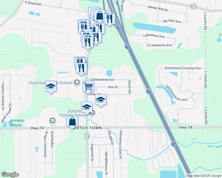map of restaurants, bars, coffee shops, grocery stores, and more near 37119 Sue Street in Geismar