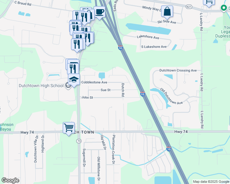 map of restaurants, bars, coffee shops, grocery stores, and more near 37167 Sue Street in Geismar