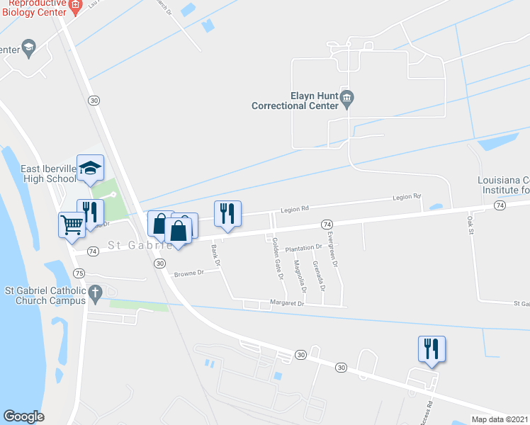 map of restaurants, bars, coffee shops, grocery stores, and more near 6190 Legion Road in Saint Gabriel