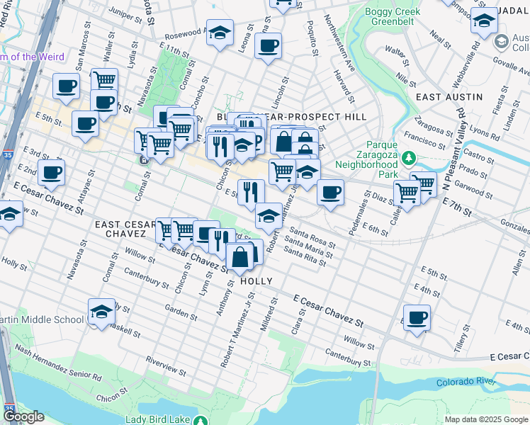 map of restaurants, bars, coffee shops, grocery stores, and more near 2019 East 5th Street in Austin