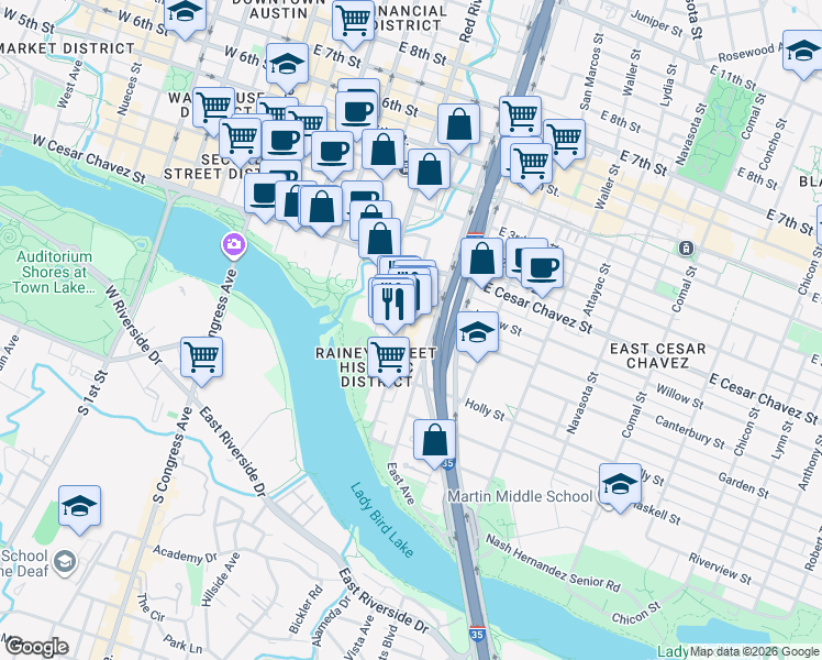 map of restaurants, bars, coffee shops, grocery stores, and more near 85 1/2 Rainey Street in Austin