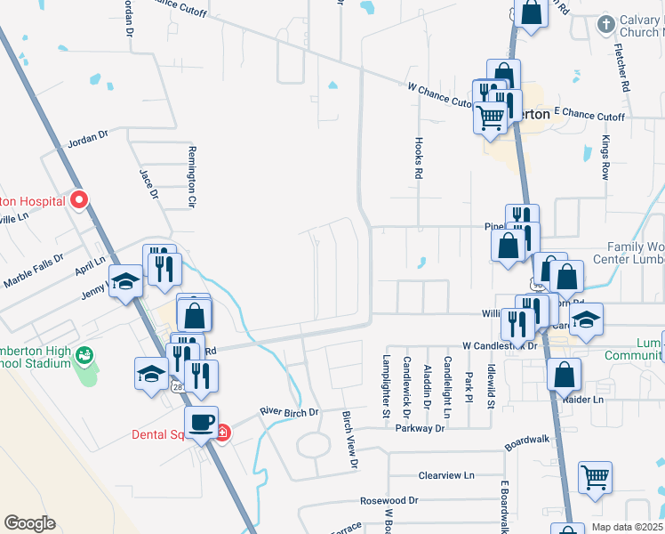 map of restaurants, bars, coffee shops, grocery stores, and more near 1400 Kalas Circle in Lumberton
