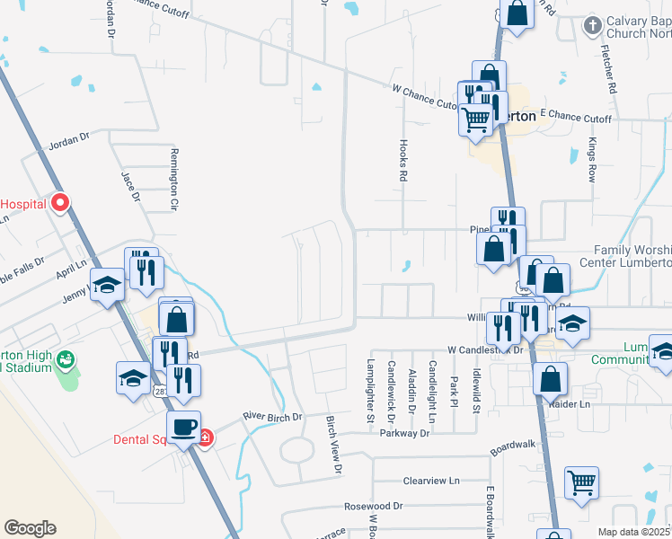 map of restaurants, bars, coffee shops, grocery stores, and more near 1305 Kala's Circle in Lumberton