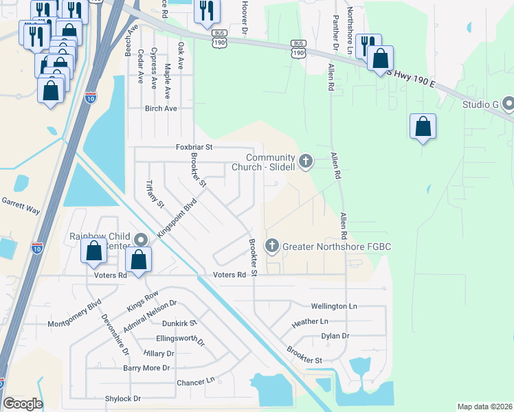 map of restaurants, bars, coffee shops, grocery stores, and more near 212 Almond Creek Road in Slidell