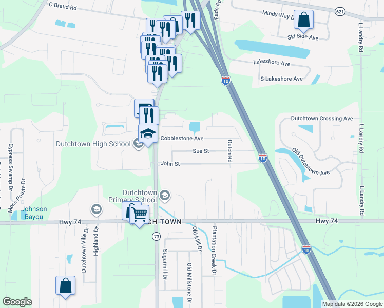 map of restaurants, bars, coffee shops, grocery stores, and more near 37119 Sue Street in Geismar