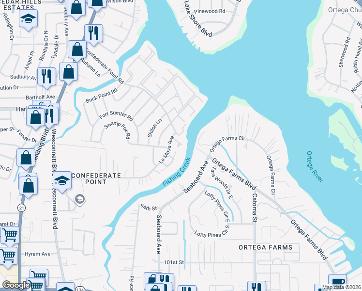 map of restaurants, bars, coffee shops, grocery stores, and more near 5400 La Moya Avenue in Jacksonville