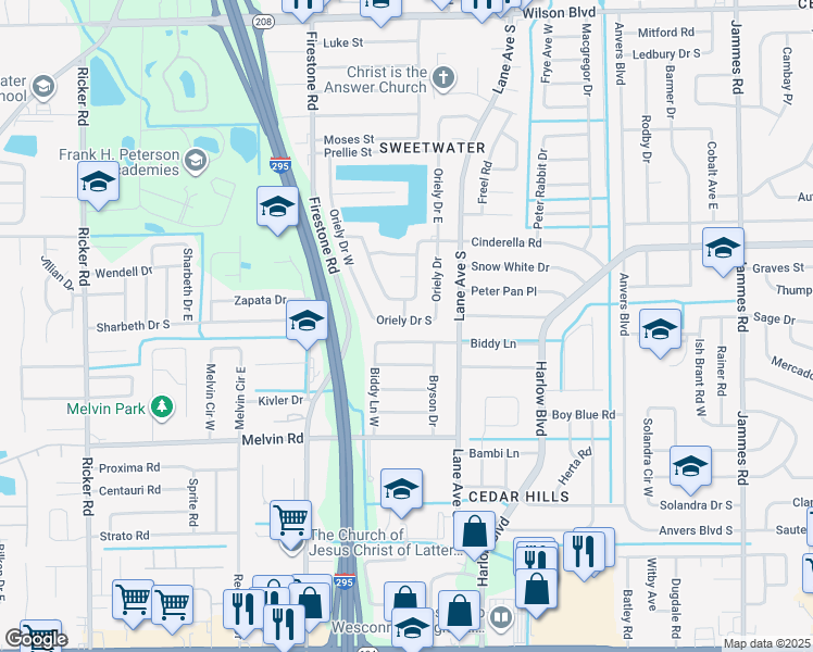 map of restaurants, bars, coffee shops, grocery stores, and more near 6966 Oriely Drive South in Jacksonville