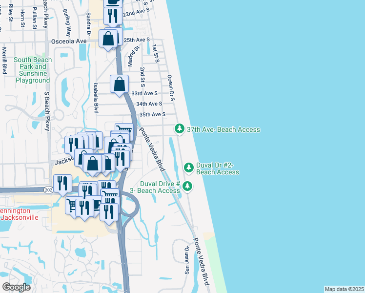 map of restaurants, bars, coffee shops, grocery stores, and more near 3739 Duval Drive in Jacksonville Beach