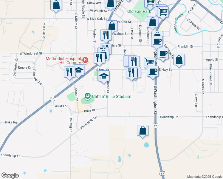 map of restaurants, bars, coffee shops, grocery stores, and more near 1117 South Adams Street in Fredericksburg