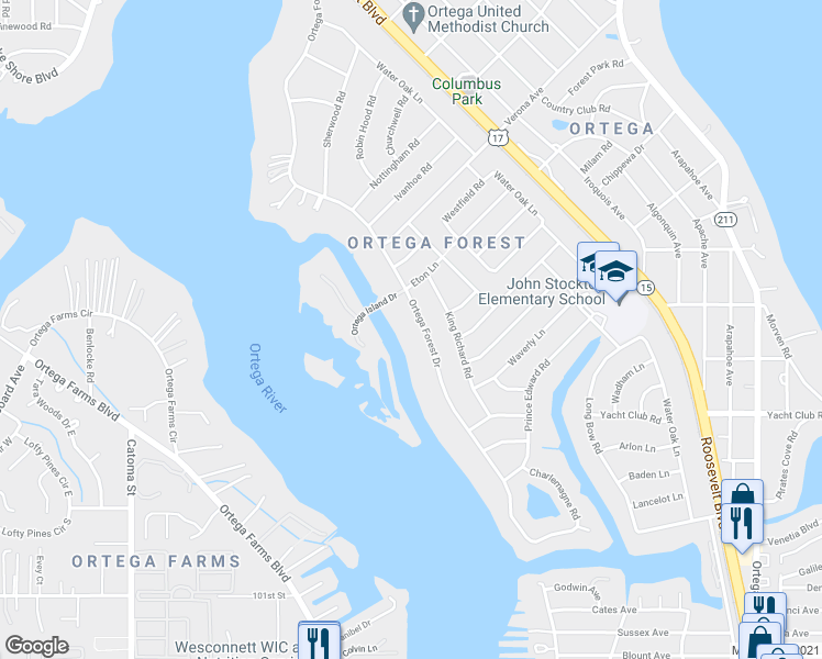 map of restaurants, bars, coffee shops, grocery stores, and more near 4742 Ortega Forest Drive in Jacksonville