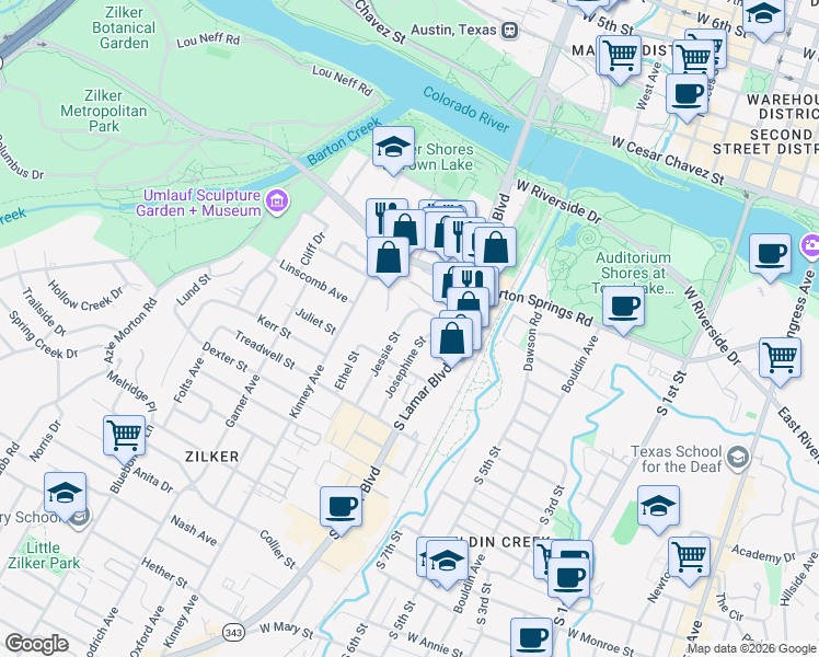 map of restaurants, bars, coffee shops, grocery stores, and more near 609 Jessie Street in Austin