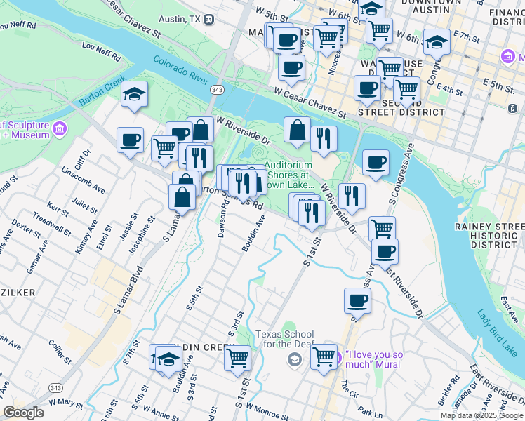 map of restaurants, bars, coffee shops, grocery stores, and more near in Austin