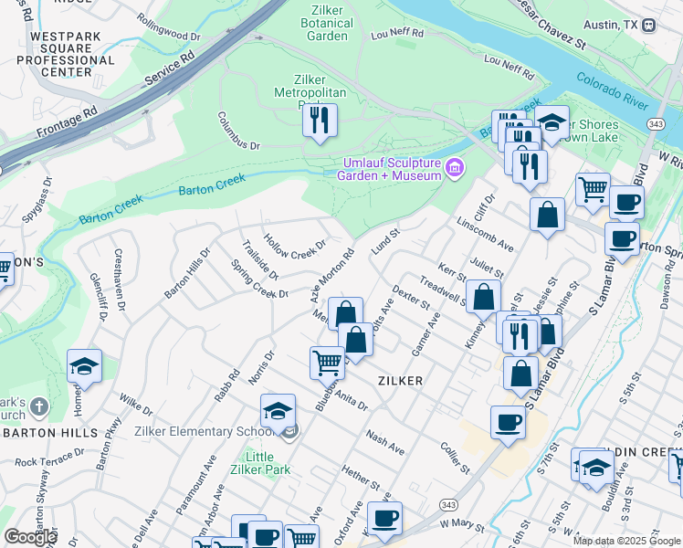 map of restaurants, bars, coffee shops, grocery stores, and more near 1121 Azie Morton Road in Austin