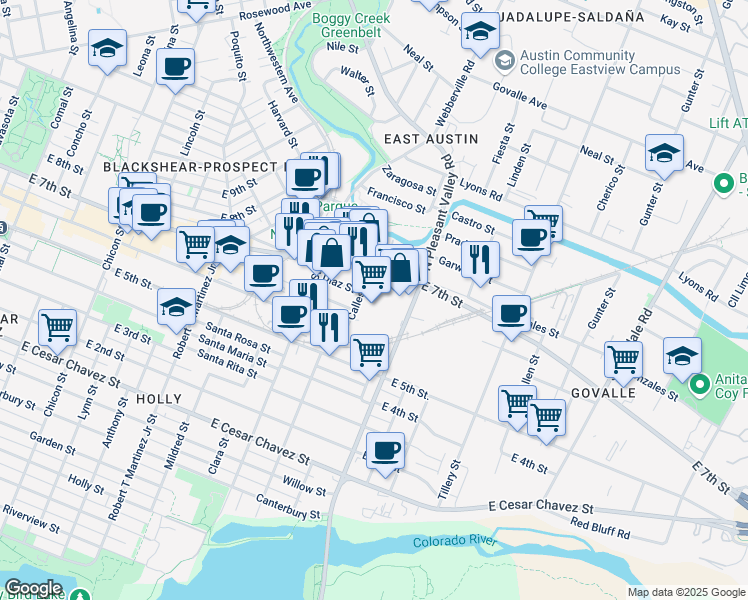 map of restaurants, bars, coffee shops, grocery stores, and more near 2701 East 7th Street in Austin