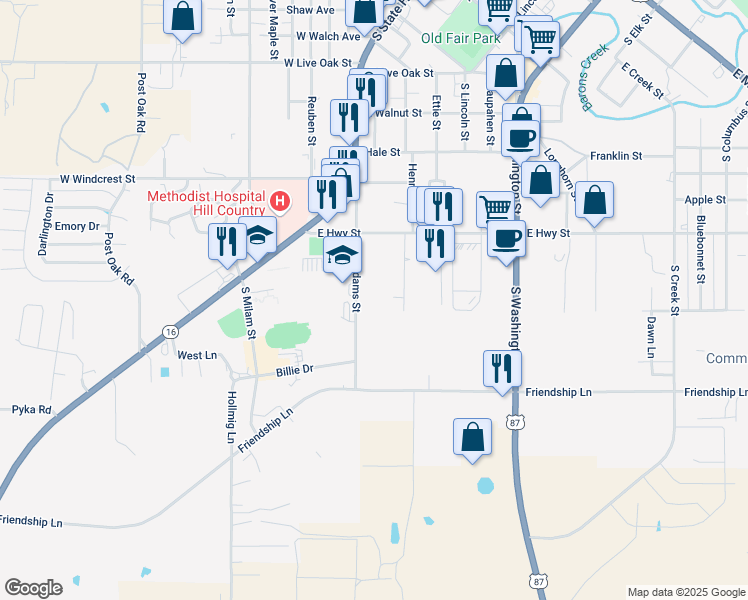 map of restaurants, bars, coffee shops, grocery stores, and more near 1117 South Adams Street in Fredericksburg