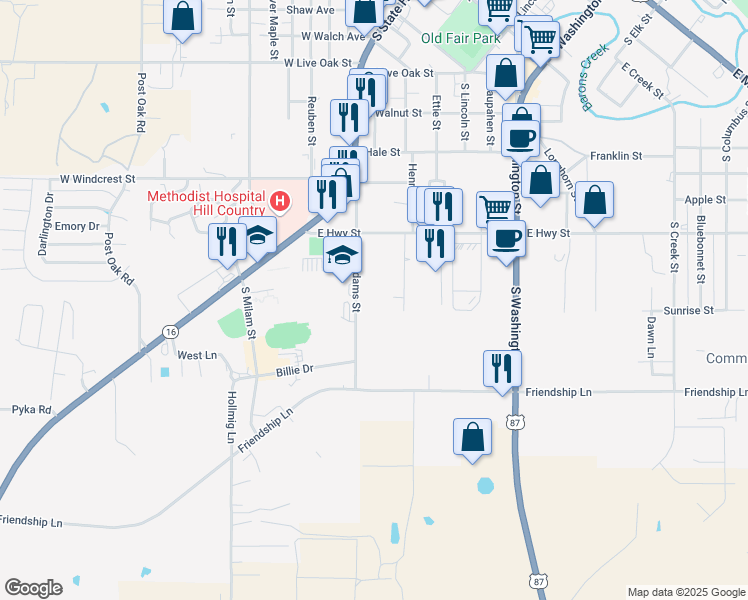 map of restaurants, bars, coffee shops, grocery stores, and more near 1117 South Adams Street in Fredericksburg