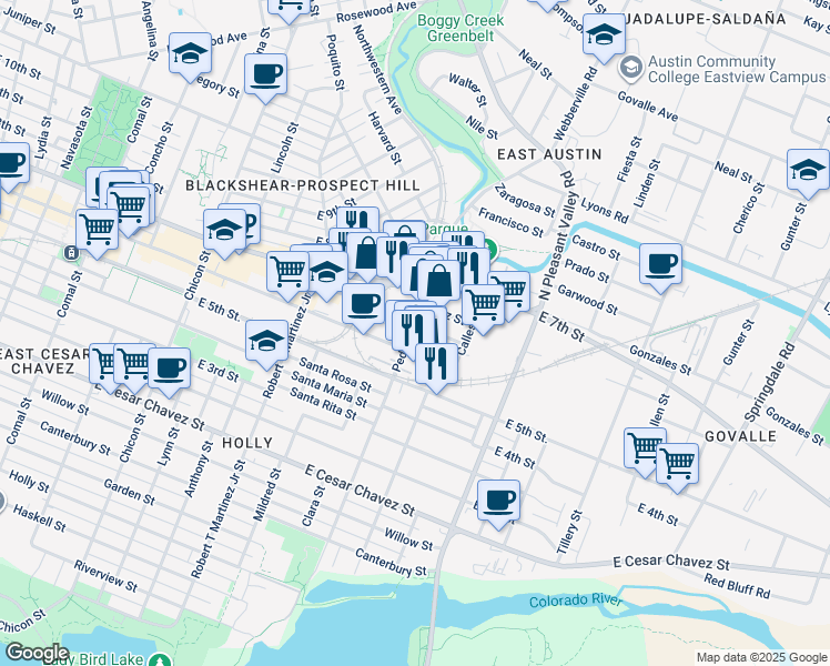 map of restaurants, bars, coffee shops, grocery stores, and more near 607 Pedernales Street in Austin