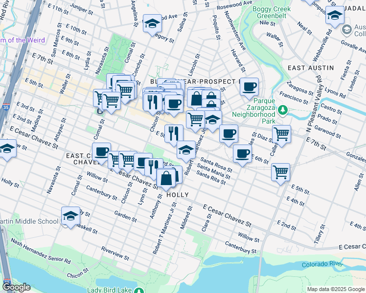 map of restaurants, bars, coffee shops, grocery stores, and more near 2019 East 5th Street in Austin