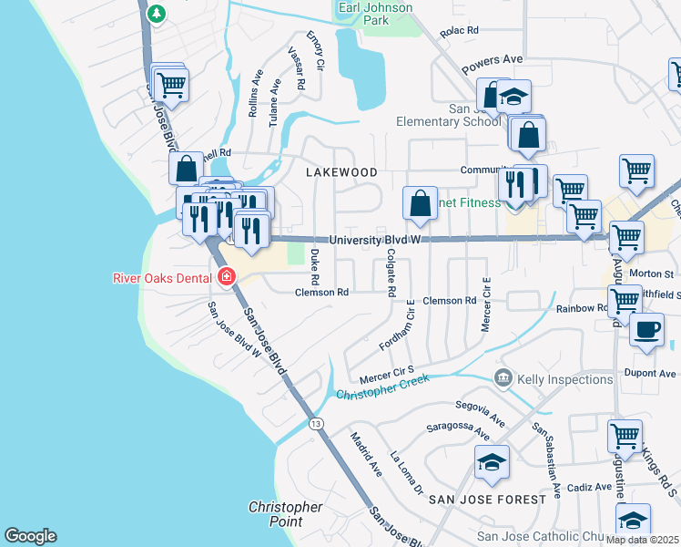 map of restaurants, bars, coffee shops, grocery stores, and more near 6125 Stetson Road in Jacksonville