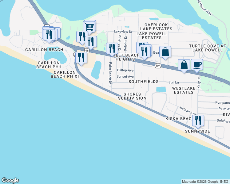 map of restaurants, bars, coffee shops, grocery stores, and more near 22524 Front Beach Road in Panama City Beach