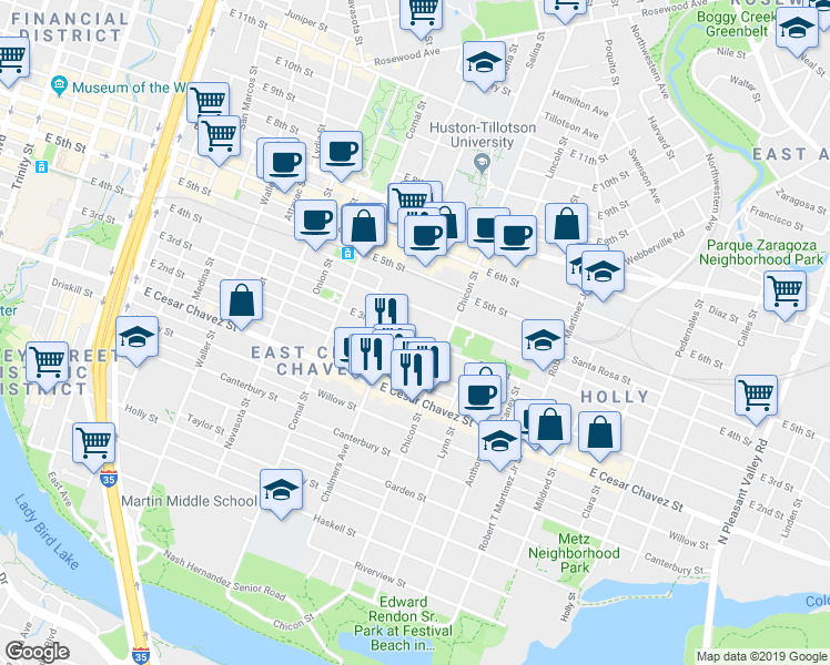 map of restaurants, bars, coffee shops, grocery stores, and more near 1718 East 3rd Street in Austin