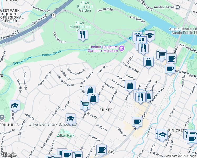map of restaurants, bars, coffee shops, grocery stores, and more near in Austin