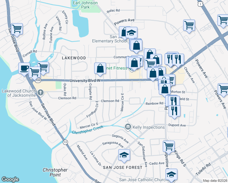 map of restaurants, bars, coffee shops, grocery stores, and more near 6123 Suwanee Road in Jacksonville