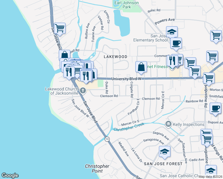 map of restaurants, bars, coffee shops, grocery stores, and more near 6125 Stetson Road in Jacksonville