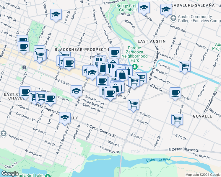 map of restaurants, bars, coffee shops, grocery stores, and more near 607 Pedernales Street in Austin