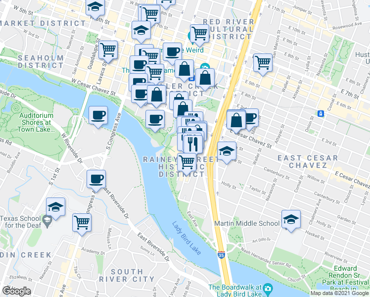 map of restaurants, bars, coffee shops, grocery stores, and more near 80 1/2 Red River Street in Austin
