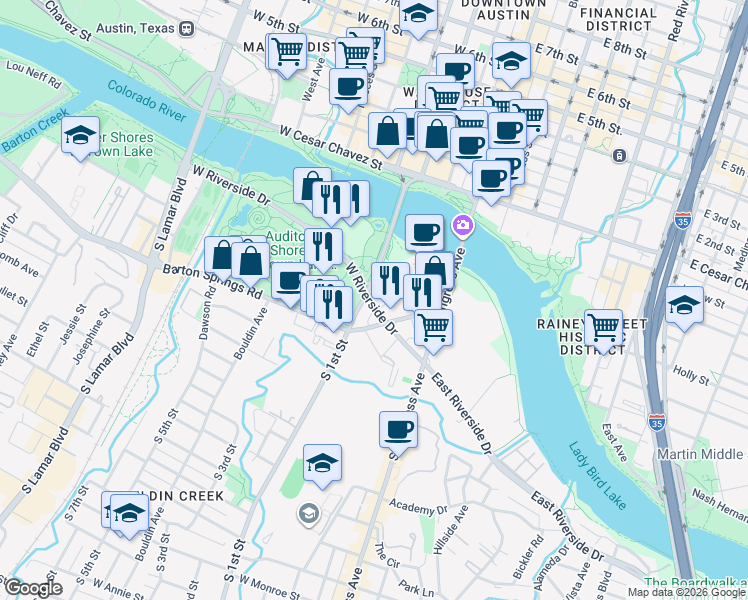 map of restaurants, bars, coffee shops, grocery stores, and more near 401 1/2 West Riverside Drive in Austin