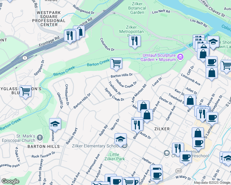 map of restaurants, bars, coffee shops, grocery stores, and more near 2302 Trailside Drive in Austin