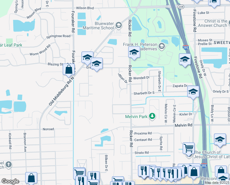 map of restaurants, bars, coffee shops, grocery stores, and more near 4365 Melissa Court North in Jacksonville